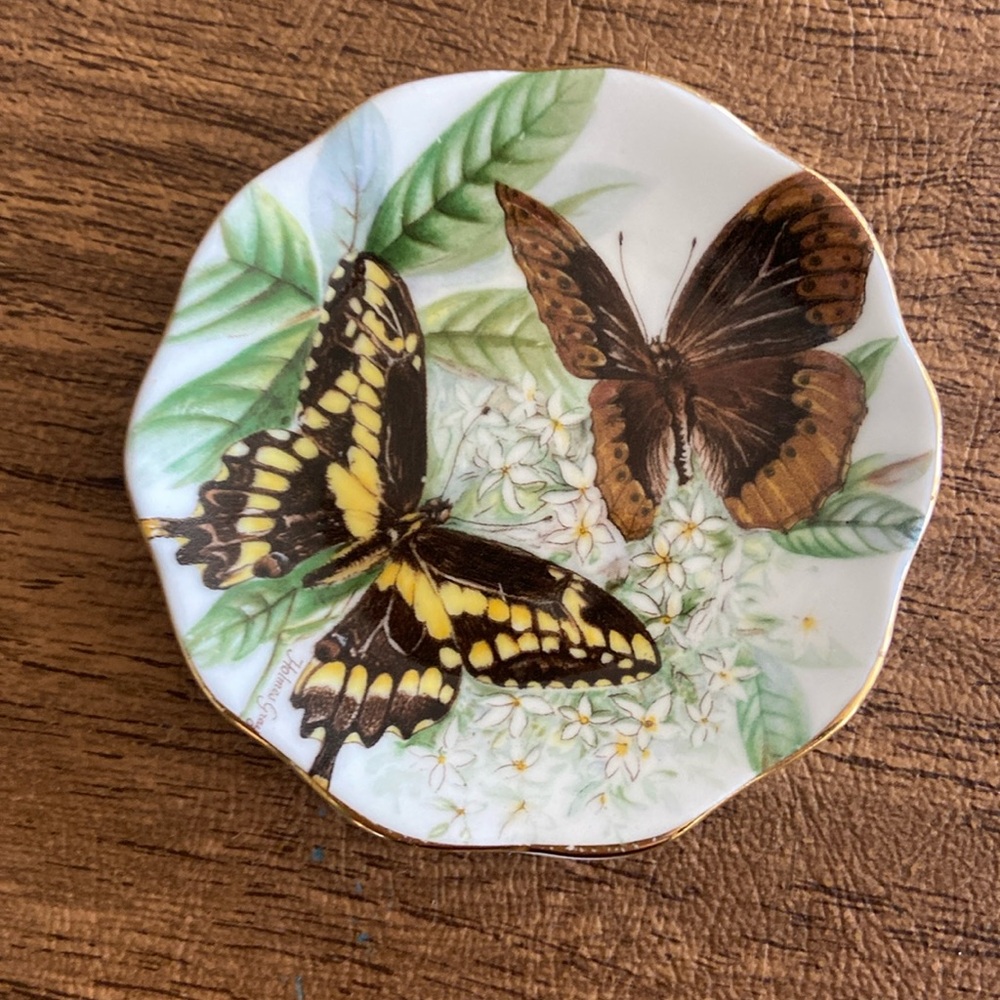Vintage Trinket Tray / Signed by Artist Holmes Gray Bone China Butterfly design